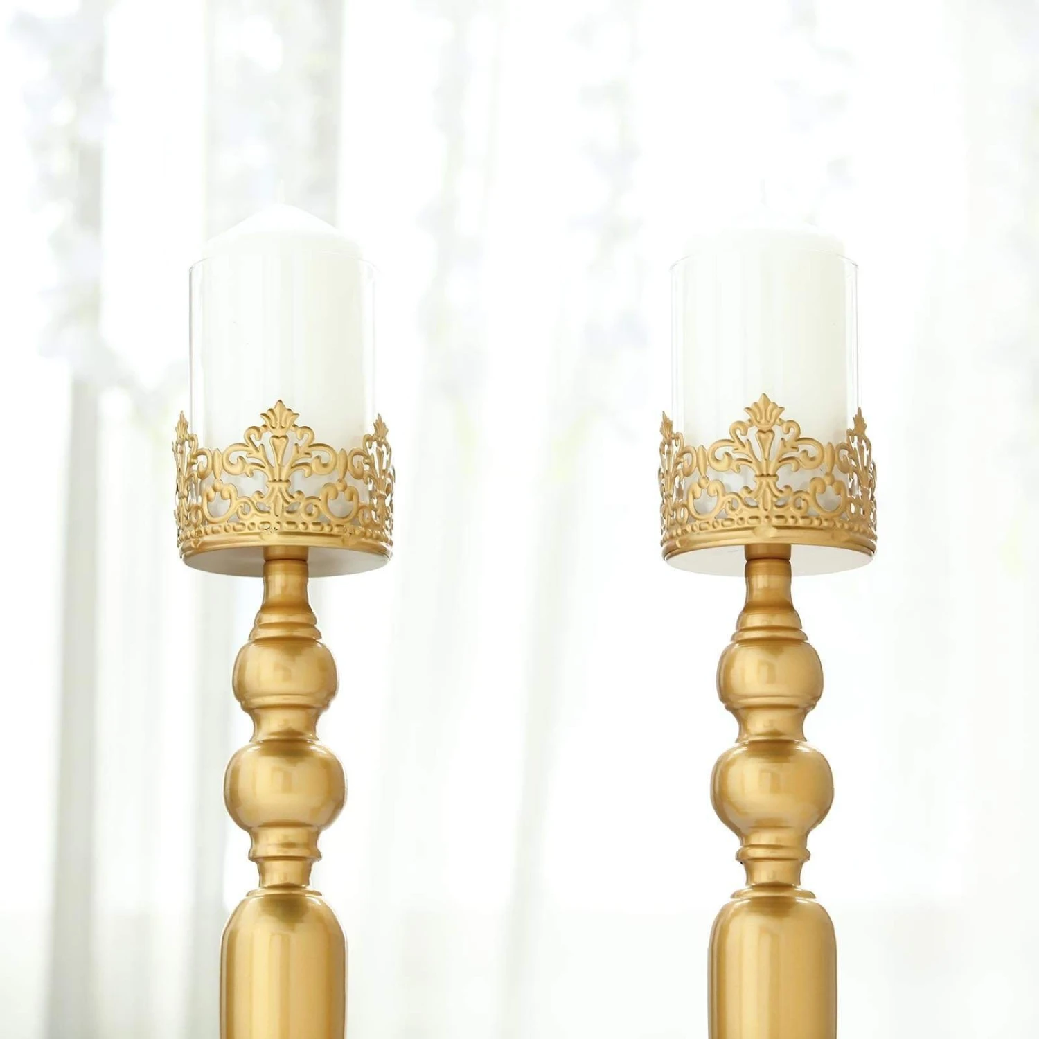 2 Pcs 17" Tall Lacy Trim Metal With Glass Candle Holders Centerpieces - Gold 6 2 Pcs 17" Tall Lacy Trim Metal With Glass Candle Holders Centerpieces - Gold - Image 4