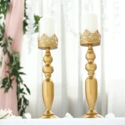 2 Pcs 17" Tall Lacy Trim Metal With Glass Candle Holders Centerpieces - Gold 13 2 Pcs 17" Tall Lacy Trim Metal With Glass Candle Holders Centerpieces - Gold -Optimal Home Decoration 2 pcs 17 tall lacy trim metal with glass candle holders centerpieces gold chdlr cand 028 18 gold 28587096408127