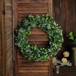 2 Pcs 22" Artificial Boxwood And Fern Leaves Wreath Candle Rings - Green And White -Optimal Home Decoration 2 pcs 22 artificial boxwood and fern leaves wreath candle rings green and white arti ring grn l 06 wht 29364986052671