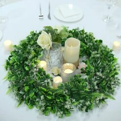 2 Pcs 22" Artificial Boxwood And Fern Leaves Wreath Candle Rings - Green And White -Optimal Home Decoration 2 pcs 22 artificial boxwood and fern leaves wreath candle rings green and white arti ring grn l 06 wht 29364986085439