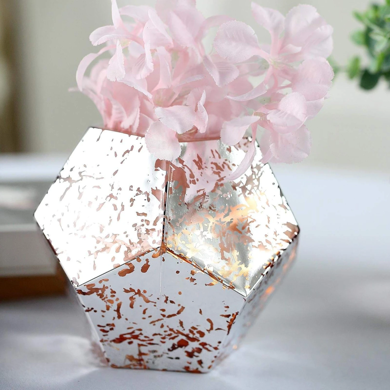 2 Pcs 5" Tall Mercury Glass Geometric Pentagon Candle Holders Vases - Silver With Rose Gold 5 2 Pcs 5" Tall Mercury Glass Geometric Pentagon Candle Holders Vases - Silver With Rose Gold - Image 3