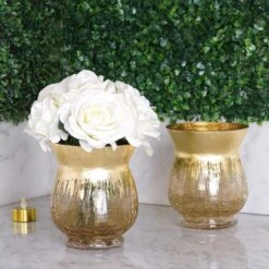 2 Pcs 6" Tall Crackle Glass Candle Holders Vases - Gold -Optimal Home Decoration 2 pcs 6 tall crackle glass candle holders vases gold vase a27 6 gold 13970077745215