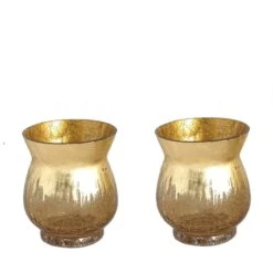 2 Pcs 6" Tall Crackle Glass Candle Holders Vases - Gold