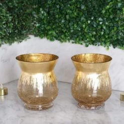 2 Pcs 6" Tall Crackle Glass Candle Holders Vases - Gold -Optimal Home Decoration 2 pcs 6 tall crackle glass candle holders vases gold vase a27 6 gold 28507402960959