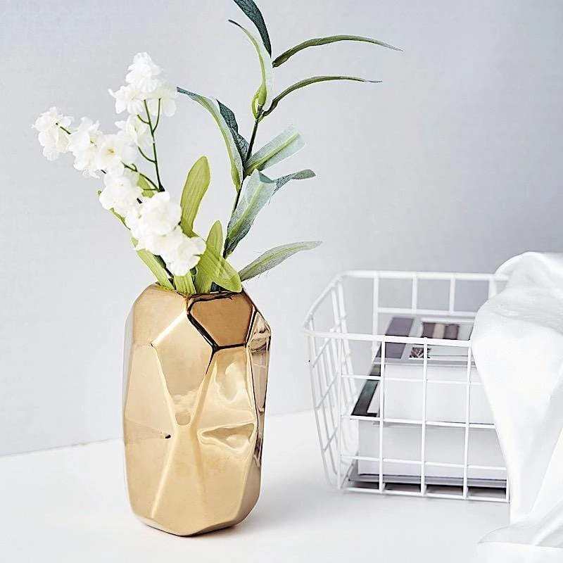 2 Pcs 6" Tall Geometric Cylinder Ceramic Vases - Gold 4 2 Pcs 6" Tall Geometric Cylinder Ceramic Vases - Gold - Image 2