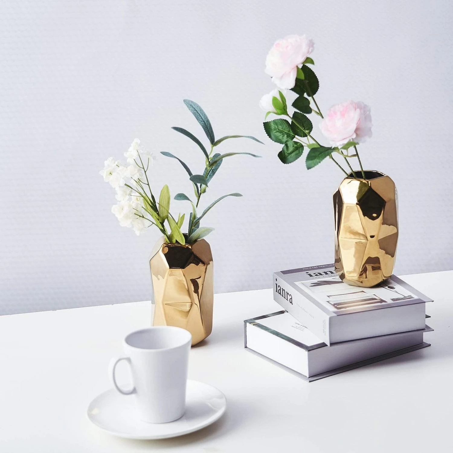 2 Pcs 6" Tall Geometric Cylinder Ceramic Vases - Gold 12 2 Pcs 6" Tall Geometric Cylinder Ceramic Vases - Gold - Image 10