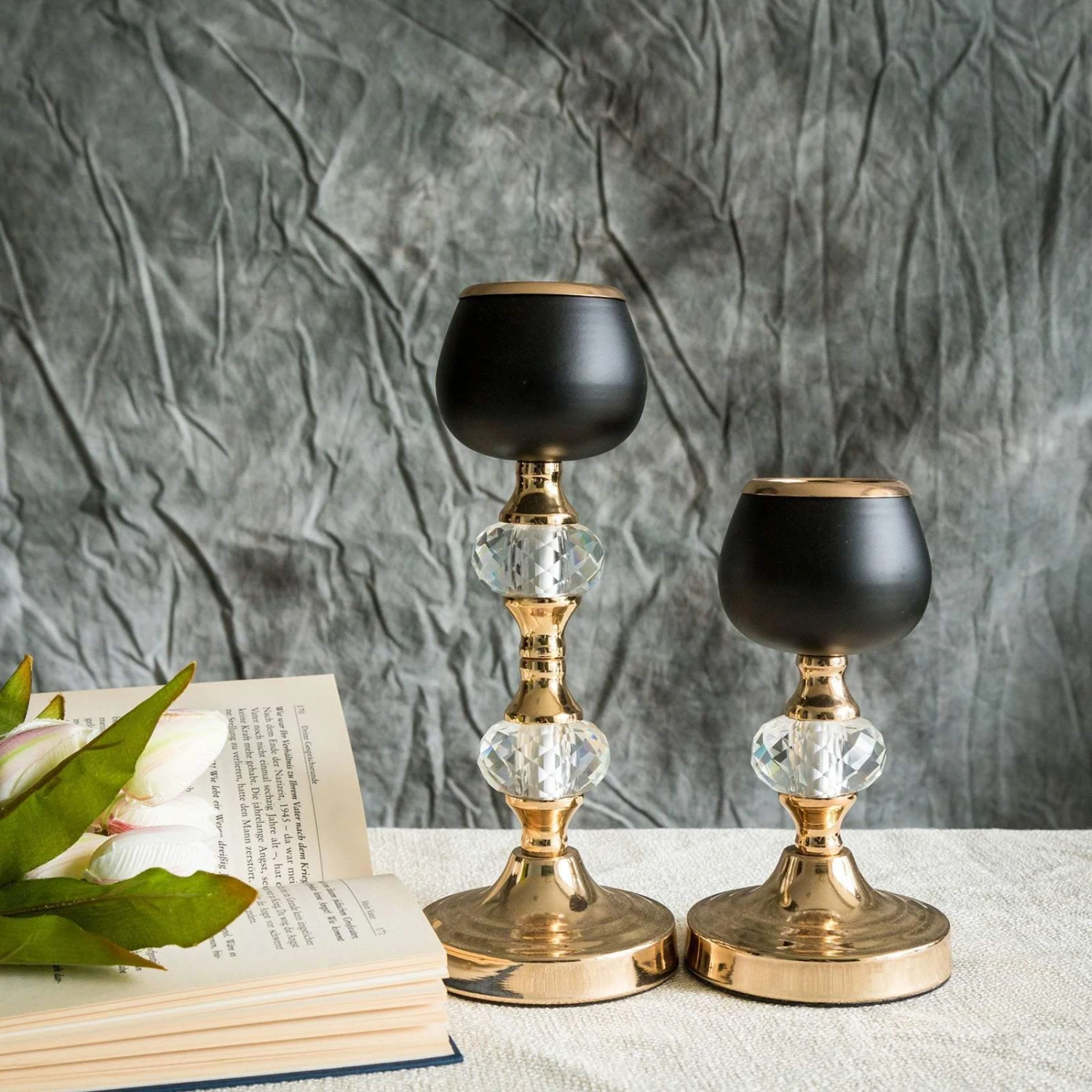 2 Pcs 7" 11" Tall Metallic Candle Holders Centerpieces With Crystal - Gold And Black 5 2 Pcs 7" 11" Tall Metallic Candle Holders Centerpieces With Crystal - Gold And Black - Image 3