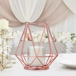 2 Pcs 7" Tall Geometric Design Metal Tealight Holders Lanterns - Rose Gold -Optimal Home Decoration 2 pcs 7 tall geometric design metal tealight holders lanterns rose gold chdlr cand 014a 054 29208184684607