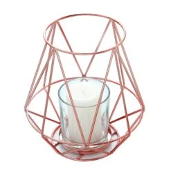 2 Pcs 7" Tall Geometric Design Metal Tealight Holders Lanterns - Rose Gold -Optimal Home Decoration 2 pcs 7 tall geometric design metal tealight holders lanterns rose gold chdlr cand 014a 054 5230758199359