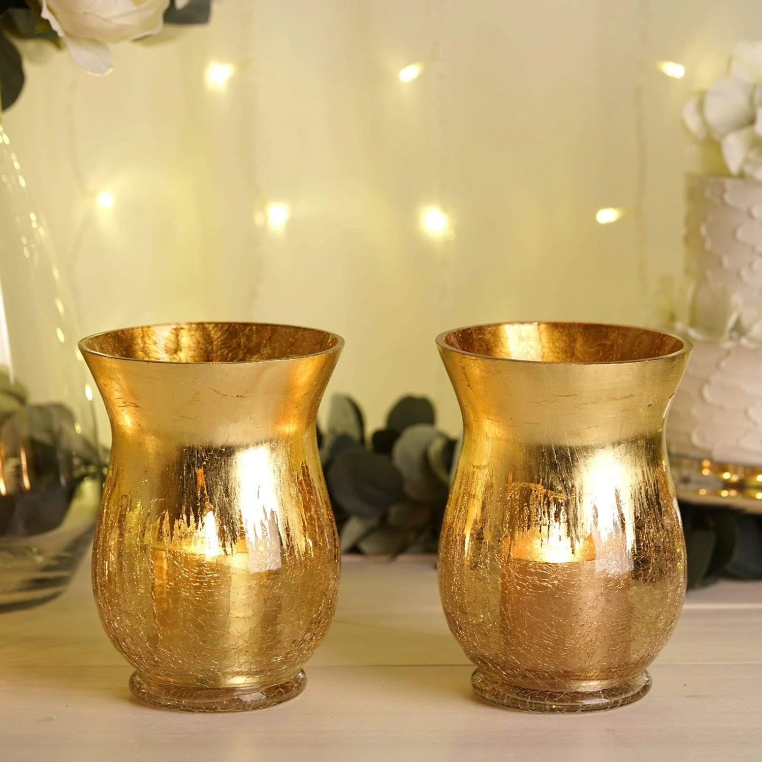 2 Pcs 8" Tall Crackle Glass Candle Holders Vases - Gold 7 2 Pcs 8" Tall Crackle Glass Candle Holders Vases - Gold - Image 5