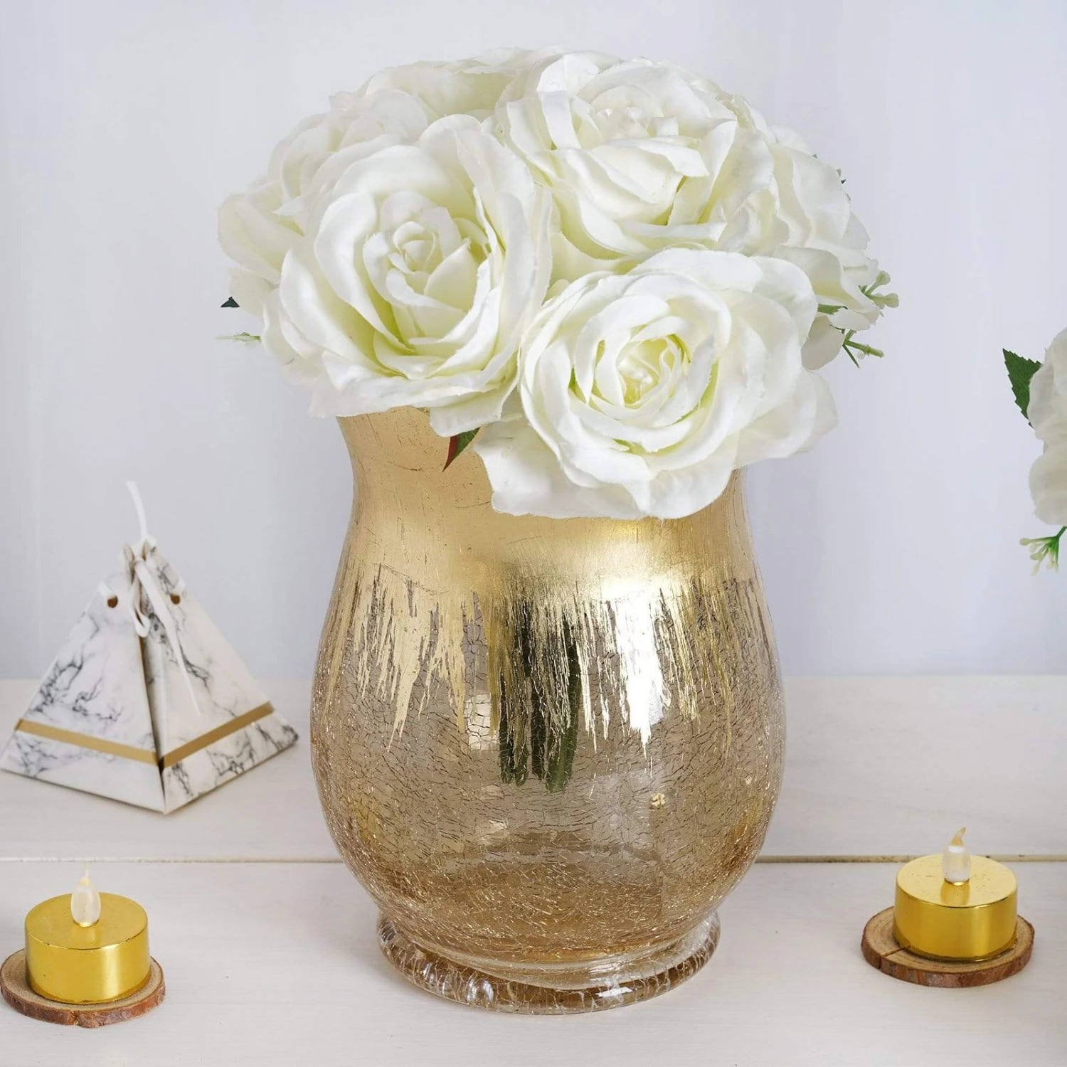 2 Pcs 8" Tall Crackle Glass Candle Holders Vases - Gold 5 2 Pcs 8" Tall Crackle Glass Candle Holders Vases - Gold - Image 3