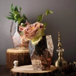 2 Pcs 8" Tall Mercury Glass Geometric Pentagon Candle Holders Vases - Silver With Rose Gold -Optimal Home Decoration 2 pcs 8 tall mercury glass geometric pentagon candle holders vases silver with rose gold vase a55 8 054 28506522484799