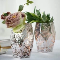 2 Pcs 8" Tall Mercury Glass Geometric Pentagon Candle Holders Vases - Silver With Rose Gold -Optimal Home Decoration 2 pcs 8 tall mercury glass geometric pentagon candle holders vases silver with rose gold vase a55 8 054 28506527760447