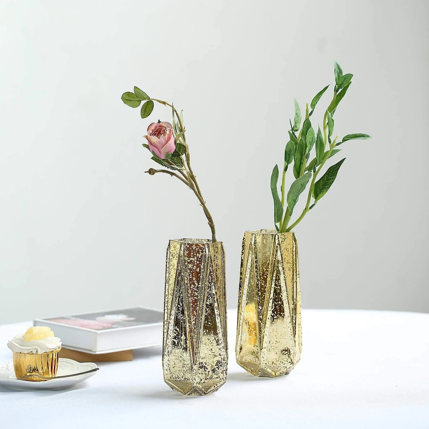 2 Pcs 8" Tall Mercury Glass Geometric Vases - Gold 8 2 Pcs 8" Tall Mercury Glass Geometric Vases - Gold - Image 6