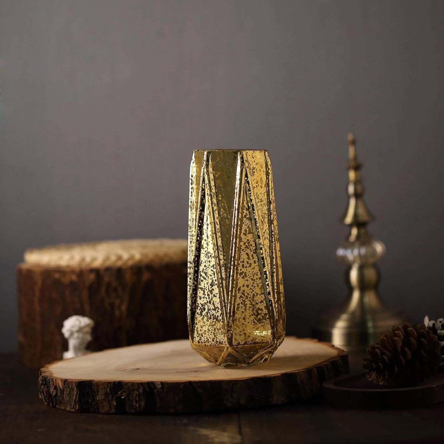 2 Pcs 8" Tall Mercury Glass Geometric Vases - Gold 9 2 Pcs 8" Tall Mercury Glass Geometric Vases - Gold - Image 7