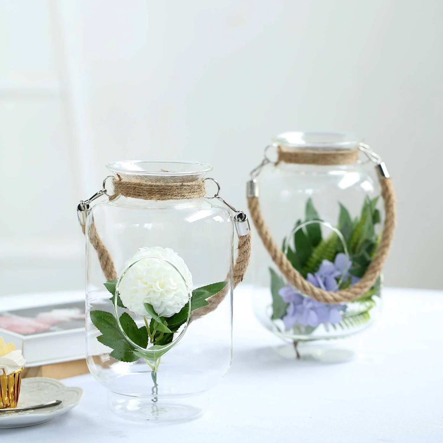 2 Pcs 9.5" Tall Glass Hanging Jar Vases With Jute Rope Handle - Clear 10 2 Pcs 9.5" Tall Glass Hanging Jar Vases With Jute Rope Handle - Clear - Image 8