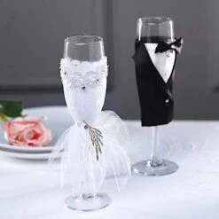 2 Pcs 9" Tall Glass Tuxedo And Dress Champagne Toasting Flutes - Clear -Optimal Home Decoration 2 pcs 9 tall glass tuxedo and dress champagne toasting flutes clear gob 035 13831636811839