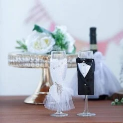 2 Pcs 9" Tall Glass Tuxedo And Dress Champagne Toasting Flutes - Clear -Optimal Home Decoration 2 pcs 9 tall glass tuxedo and dress champagne toasting flutes clear gob 035 13831650050111