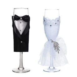 2 Pcs 9" Tall Glass Tuxedo And Dress Champagne Toasting Flutes - Clear