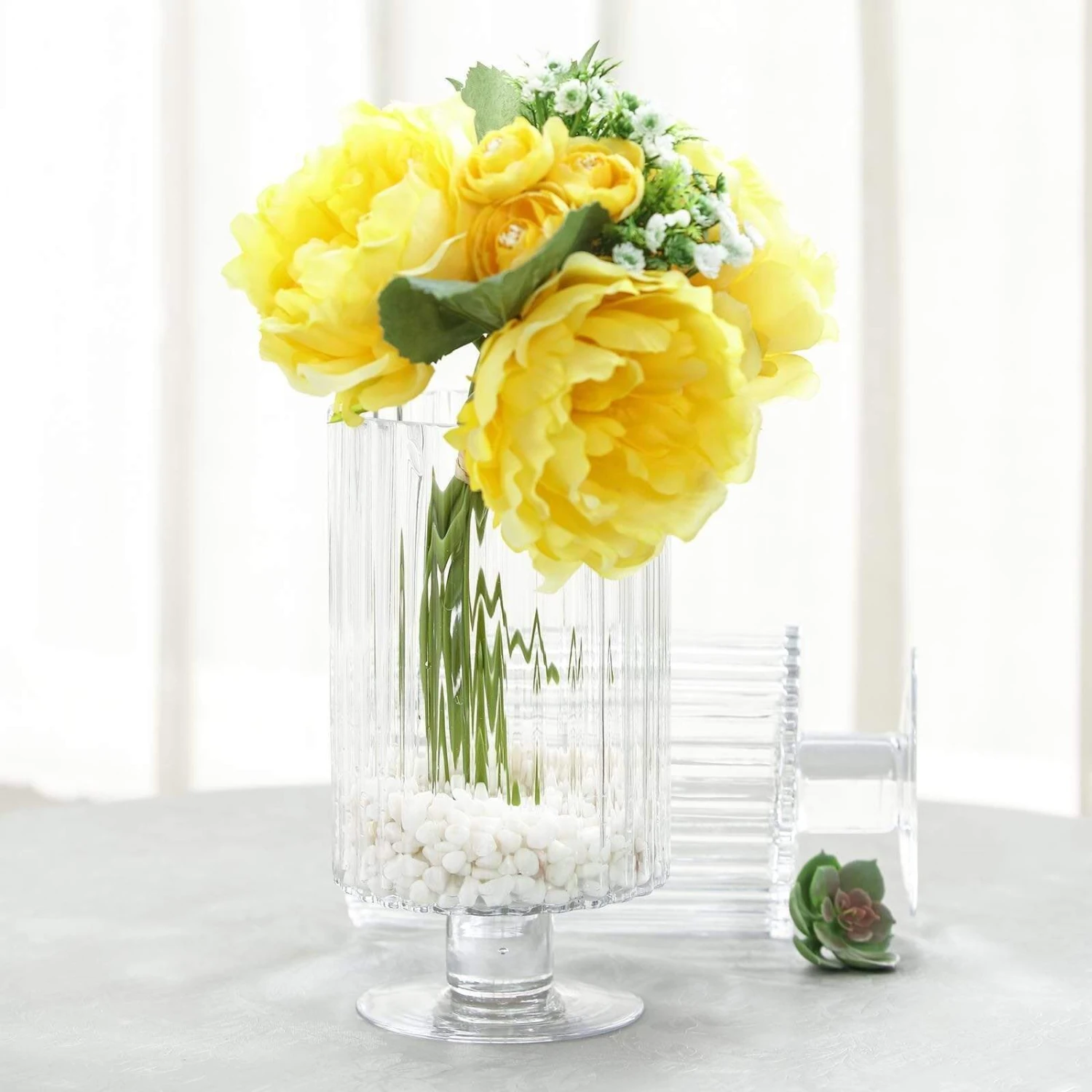 2 Pcs 9" Tall Ribbed Pedestal Glass Vases Centerpieces - Clear 4 2 Pcs 9" Tall Ribbed Pedestal Glass Vases Centerpieces - Clear - Image 2