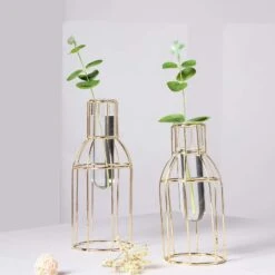 2 Pcs Geometric Bottles With Clear Glass Tubes Flower Vase Holders - Gold 13 2 Pcs Geometric Bottles With Clear Glass Tubes Flower Vase Holders - Gold -Optimal Home Decoration 2 pcs geometric bottles with clear glass tubes flower vase holders gold iron vase 008 gold 11529976479807