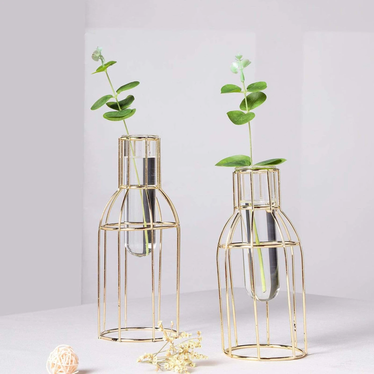 2 Pcs Geometric Bottles With Clear Glass Tubes Flower Vase Holders - Gold 7 2 Pcs Geometric Bottles With Clear Glass Tubes Flower Vase Holders - Gold - Image 5