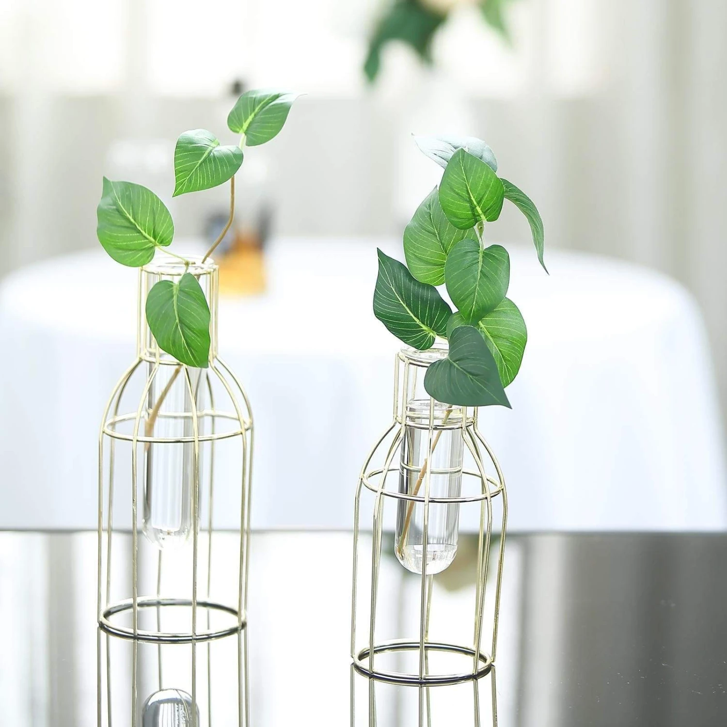 2 Pcs Geometric Bottles With Clear Glass Tubes Flower Vase Holders - Gold 6 2 Pcs Geometric Bottles With Clear Glass Tubes Flower Vase Holders - Gold - Image 4