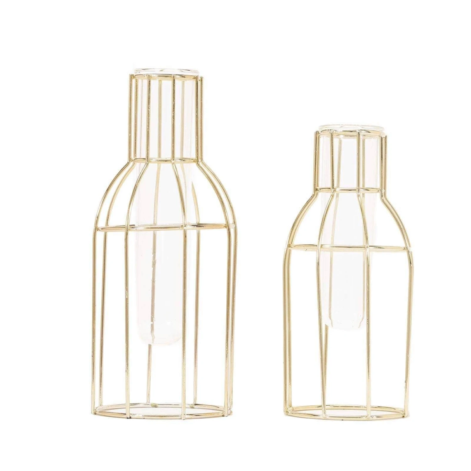 2 Pcs Geometric Bottles With Clear Glass Tubes Flower Vase Holders - Gold 3 2 Pcs Geometric Bottles With Clear Glass Tubes Flower Vase Holders - Gold