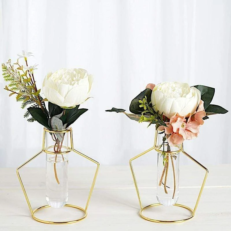 2 Pcs Geometric Flower Vase Holders With Clear Glass Tubes - Gold 7 2 Pcs Geometric Flower Vase Holders With Clear Glass Tubes - Gold - Image 5