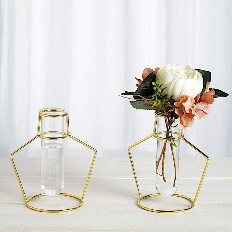 2 Pcs Geometric Flower Vase Holders With Clear Glass Tubes - Gold 8 2 Pcs Geometric Flower Vase Holders With Clear Glass Tubes - Gold - Image 6