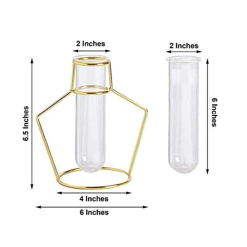 2 Pcs Geometric Flower Vase Holders With Clear Glass Tubes - Gold 4 2 Pcs Geometric Flower Vase Holders With Clear Glass Tubes - Gold - Image 2