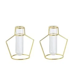 2 Pcs Geometric Flower Vase Holders With Clear Glass Tubes - Gold