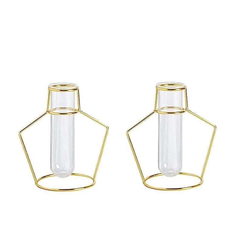 2 Pcs Geometric Flower Vase Holders With Clear Glass Tubes - Gold 3 2 Pcs Geometric Flower Vase Holders With Clear Glass Tubes - Gold