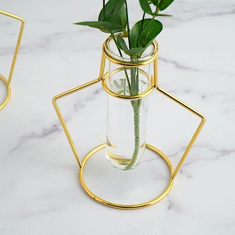 2 Pcs Geometric Flower Vase Holders With Clear Glass Tubes - Gold 5 2 Pcs Geometric Flower Vase Holders With Clear Glass Tubes - Gold - Image 3