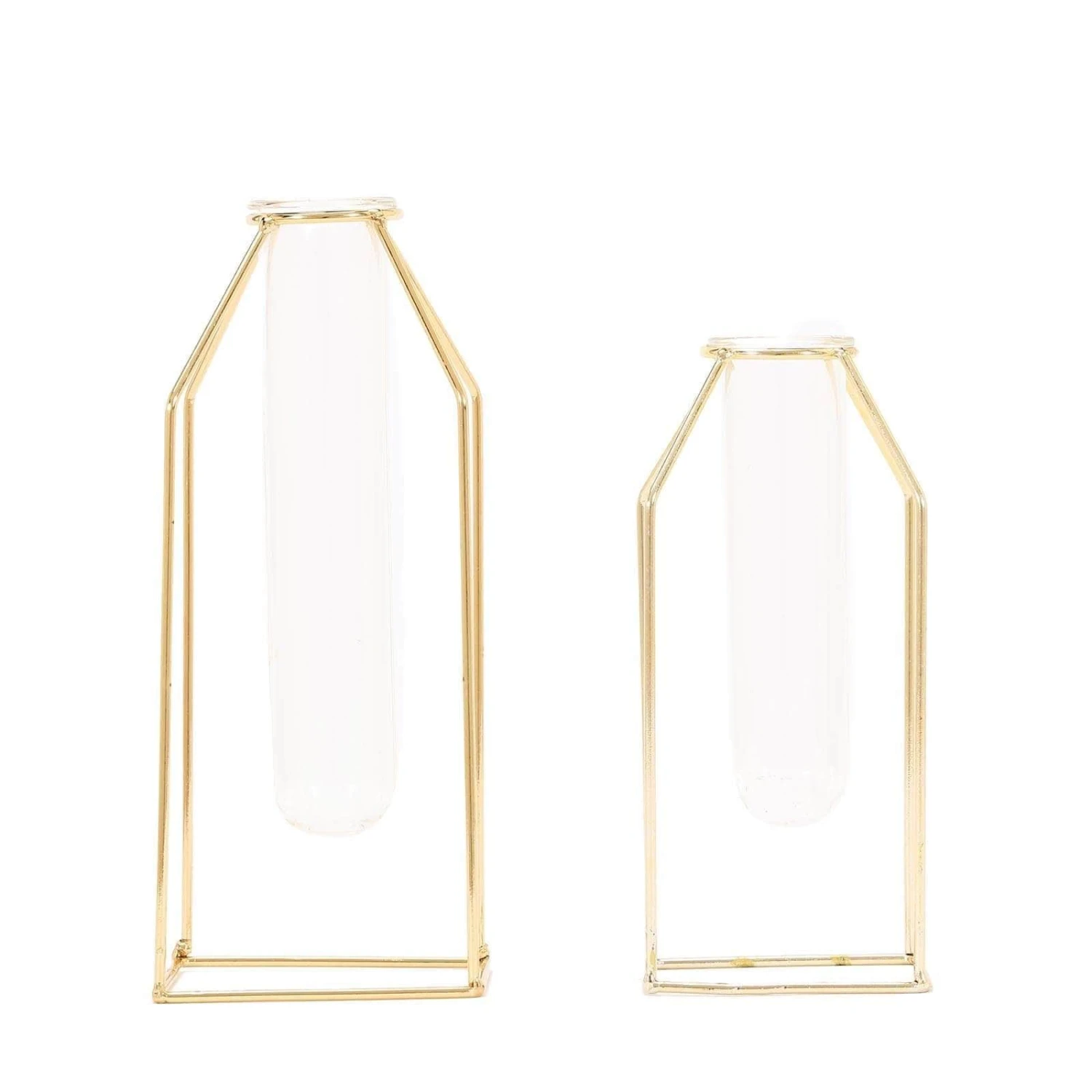 2 Pcs Geometric Vases With Clear Glass Tubes Flower Vase Holders - Gold 3 2 Pcs Geometric Vases With Clear Glass Tubes Flower Vase Holders - Gold