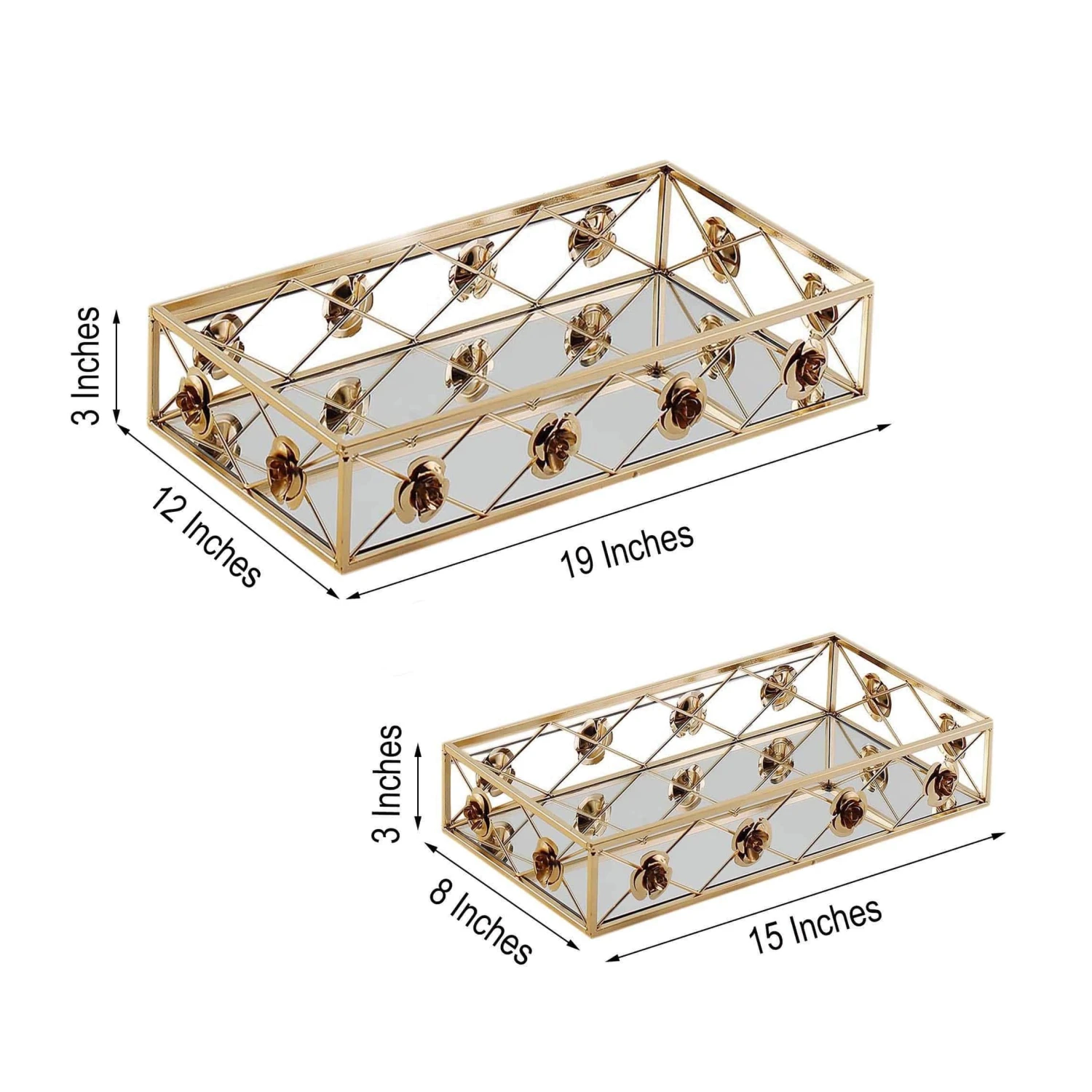 2 Pcs Metal Rectangular Floral Rim Mirror Serving Trays - Gold 4 2 Pcs Metal Rectangular Floral Rim Mirror Serving Trays - Gold - Image 2