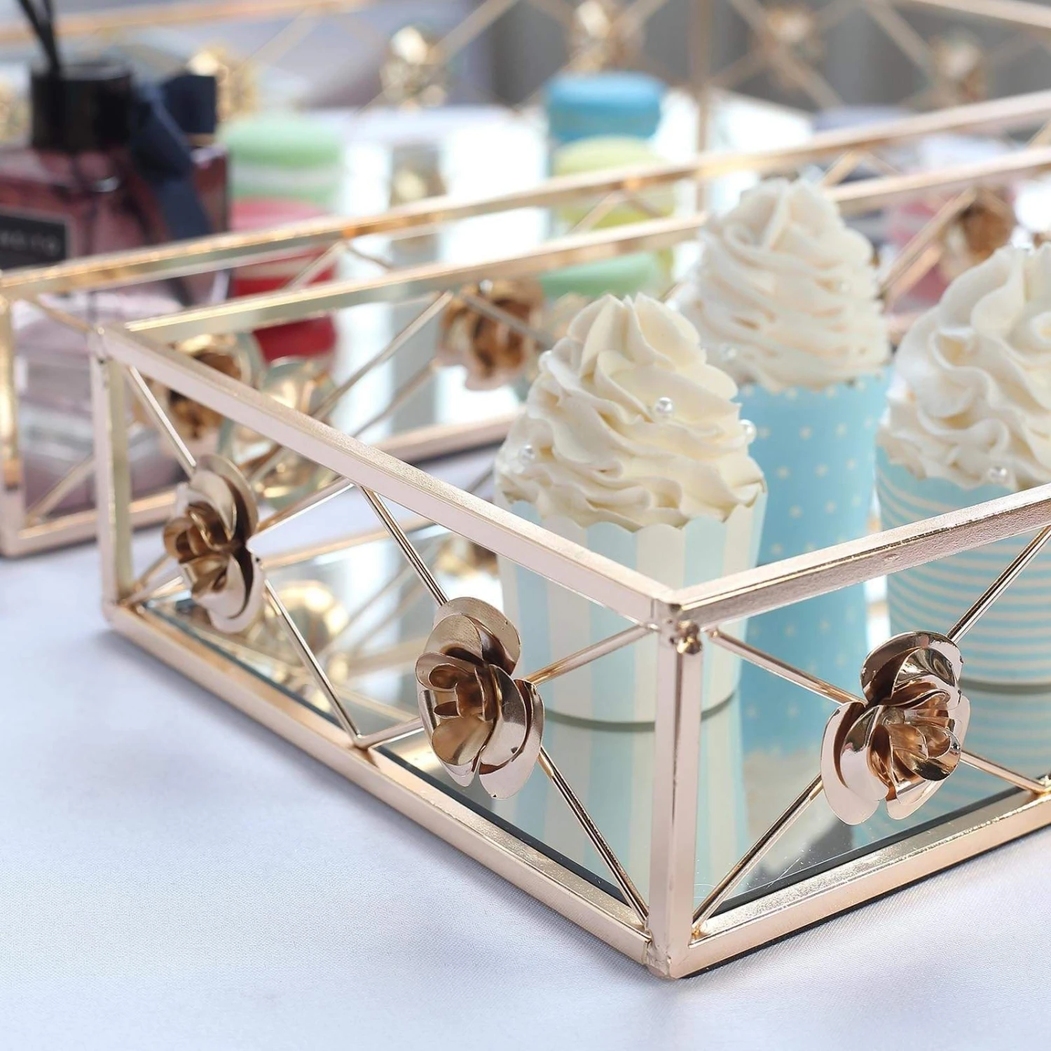 2 Pcs Metal Rectangular Floral Rim Mirror Serving Trays - Gold 6 2 Pcs Metal Rectangular Floral Rim Mirror Serving Trays - Gold - Image 4