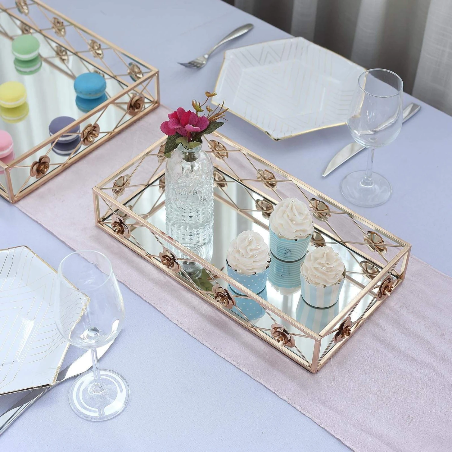 2 Pcs Metal Rectangular Floral Rim Mirror Serving Trays - Gold 8 2 Pcs Metal Rectangular Floral Rim Mirror Serving Trays - Gold - Image 6