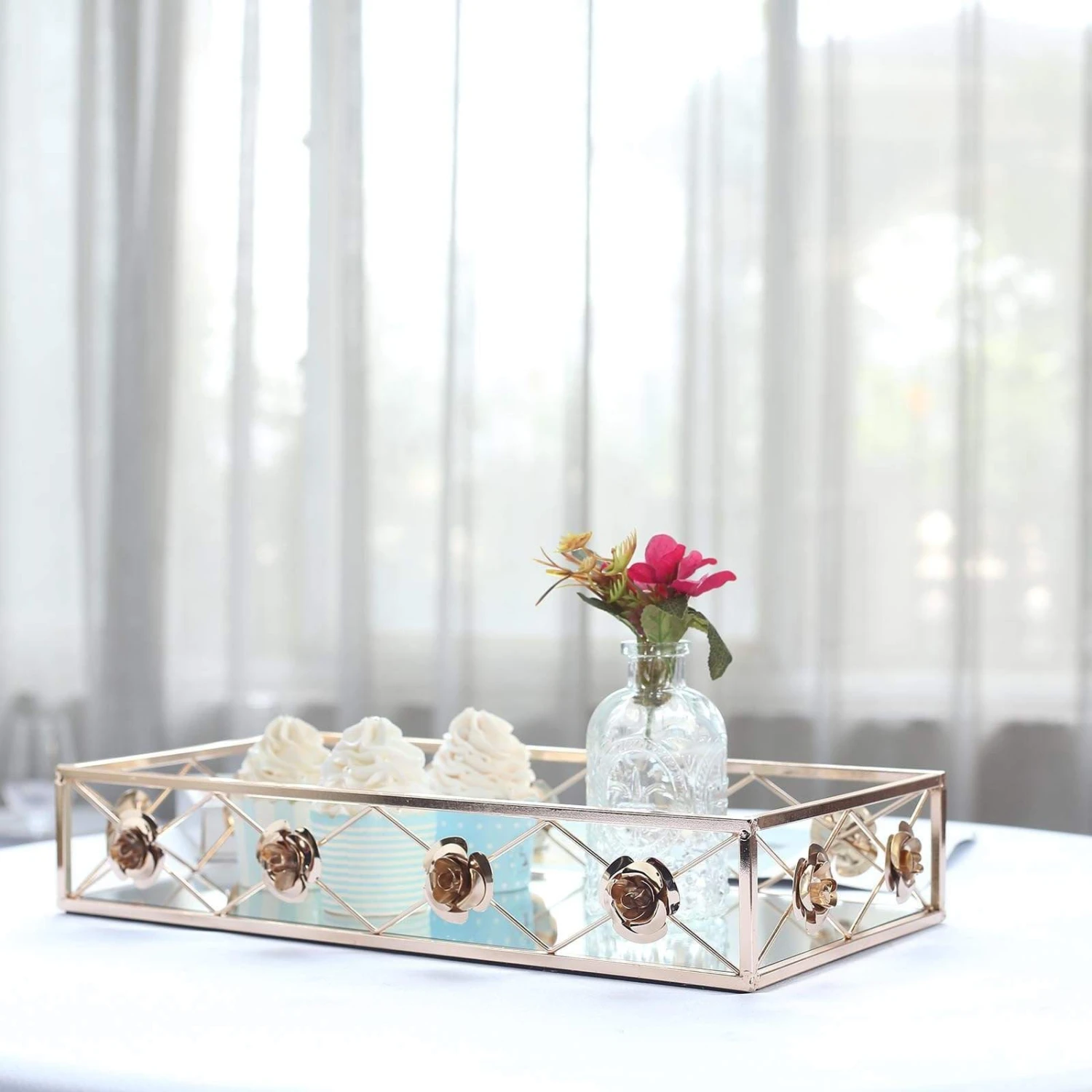 2 Pcs Metal Rectangular Floral Rim Mirror Serving Trays - Gold 9 2 Pcs Metal Rectangular Floral Rim Mirror Serving Trays - Gold - Image 7