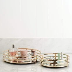 2 Pcs Metal Round Mirror Serving Trays - Gold -Optimal Home Decoration 2 pcs metal round mirror serving trays gold chrg tray006 set gold 14798445084735