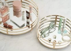 2 Pcs Metal Round Mirror Serving Trays - Gold -Optimal Home Decoration 2 pcs metal round mirror serving trays gold chrg tray006 set gold 14798446854207