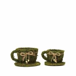 2 Pcs Natural Moss Teacups Planter Boxes With Ribbons - Green