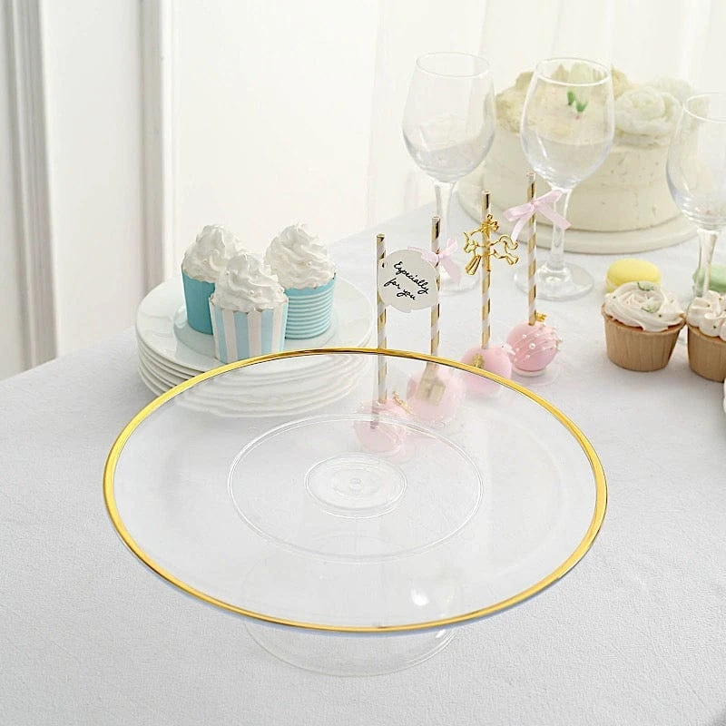 2 Round 12" Plastic Cake Stand Dessert Display Riser With Gold Rim - Clear 9 2 Round 12" Plastic Cake Stand Dessert Display Riser With Gold Rim - Clear - Image 7