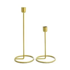 2 Metal Geometric Taper Candle Holders With Ring Base - Gold