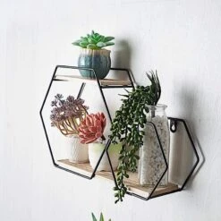 2 Tier Hexagon Metal With Wood Geometric Floating Shelf - Black And Natural 16 2 Tier Hexagon Metal With Wood Geometric Floating Shelf - Black And Natural -Optimal Home Decoration 2 tier hexagon metal with wood geometric floating shelf black and natural wod hopshlf hex1 blk 28024045666367