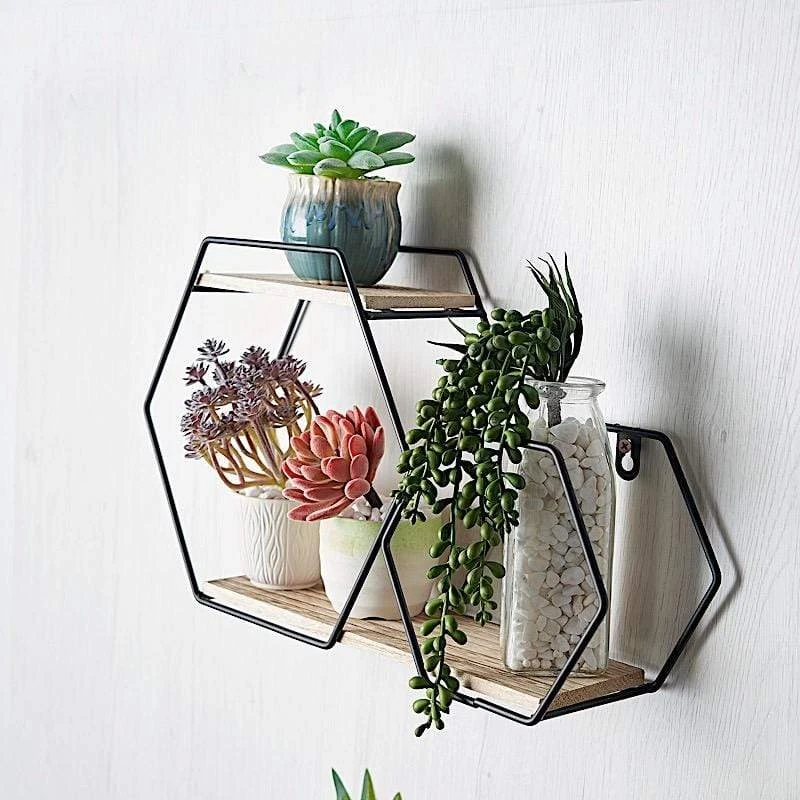 2 Tier Hexagon Metal With Wood Geometric Floating Shelf - Black And Natural 8 2 Tier Hexagon Metal With Wood Geometric Floating Shelf - Black And Natural - Image 6