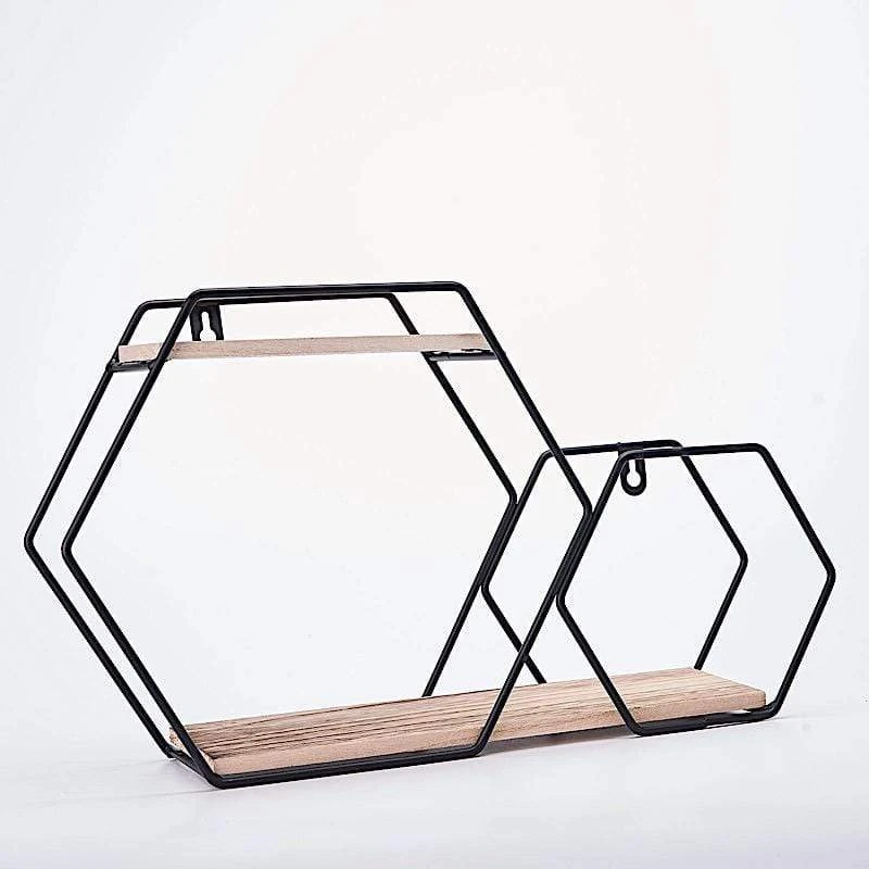 2 Tier Hexagon Metal With Wood Geometric Floating Shelf - Black And Natural 3 2 Tier Hexagon Metal With Wood Geometric Floating Shelf - Black And Natural