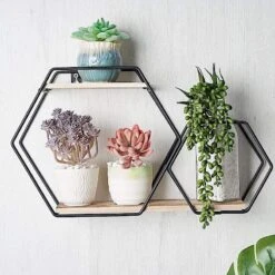 2 Tier Hexagon Metal With Wood Geometric Floating Shelf - Black And Natural 19 2 Tier Hexagon Metal With Wood Geometric Floating Shelf - Black And Natural -Optimal Home Decoration 2 tier hexagon metal with wood geometric floating shelf black and natural wod hopshlf hex1 blk 28024057331775