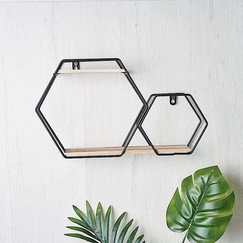 2 Tier Hexagon Metal With Wood Geometric Floating Shelf - Black And Natural 10 2 Tier Hexagon Metal With Wood Geometric Floating Shelf - Black And Natural - Image 8