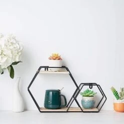 2 Tier Hexagon Metal With Wood Geometric Floating Shelf - Black And Natural 17 2 Tier Hexagon Metal With Wood Geometric Floating Shelf - Black And Natural -Optimal Home Decoration 2 tier hexagon metal with wood geometric floating shelf black and natural wod hopshlf hex1 blk 28024064245823